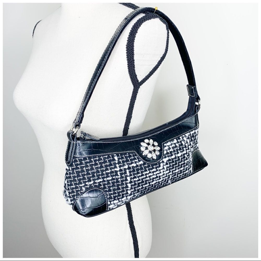 B/W Tweed and Black Leather Small Shoulder Bag Crystal Embellishment